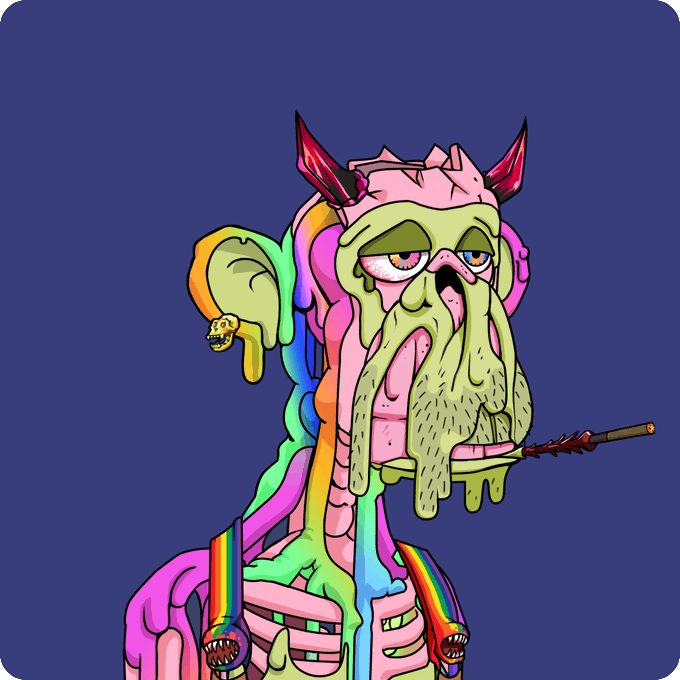 A colorful cartoon illustration of a zombie-like character with pink hair, horns, green slime dripping from its face, and rainbow accents against a dark blue background.
