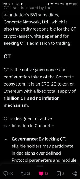A screenshot of text explaining the 'CT' crypto-asset, noting it is an ERC-20 token on Ethereum issued by 'Concrete Network, Ltd.'
