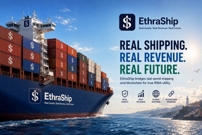 A promotional advertisement for 'EthraShip' featuring a large container ship at sea, with the tagline 'REAL SHIPPING. REAL REVENUE. REAL FUTURE.' highlighting their blockchain-powered real-world asset platform.
