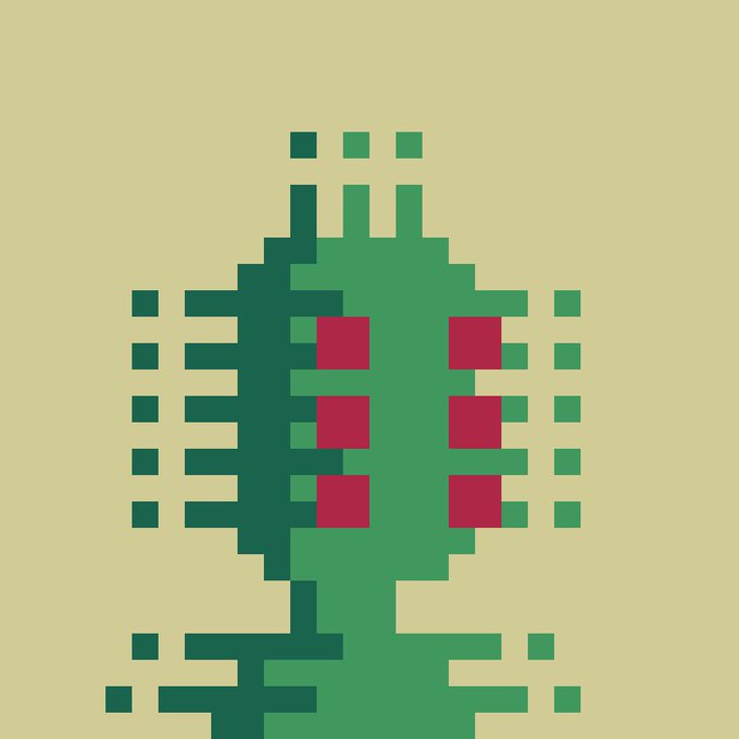 A pixel art illustration depicting a green plant or organism with dark green shadows and red square details, set against a pale yellow background.