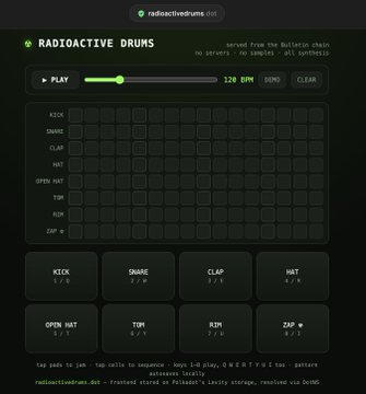 A web interface for an online drum machine called 'Radioactive Drums' with a sequencer grid and pads for sounds like KICK, SNARE, CLAP, and HAT.
