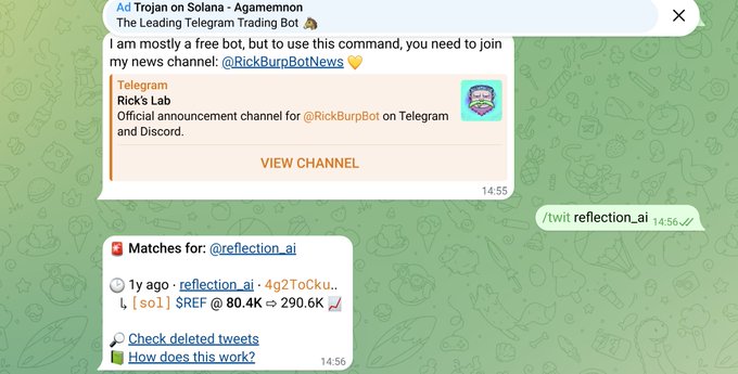Telegram chatbot screenshots showing the Ad Trojan Solana bot requesting users join "Rick's Lab" channel, followed by Twitter search results displaying a 4g2ToCku transaction from @reflection_ai showing $REF token price increase from 80.4K to 290.6K.