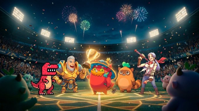 A colorful Clash Royale-style illustration shows cartoon characters including a knight with a trophy, a red dinosaur, a raccoon, and a warrior with a bat, celebrating in a stadium with fireworks.