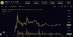 A candlestick chart of the $RAM cryptocurrency ticker displays a sharp vertical price spike followed by a steep decline, with the asset trading at $0.0024 on what appears to be the WOO X exchange. The chart's dramatic pump-and-dump pattern visually reinforces the post's argument that RAM's $6M market cap is mathematically unjustified, illustrating the volatility that suggests speculative manipulation rather than fundamental value.