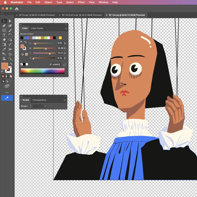 A screenshot of Adobe Illustrator showing an in-progress digital illustration of a character with a melancholic expression and wide eyes, with the Color and Stroke panels visible on the left.
