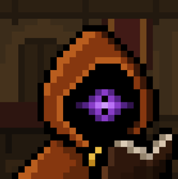 A pixel art illustration of a hooded figure with a glowing purple cross or plus-sign emblem on its dark face, holding what appears to be a weapon, set in a brown-toned environment.