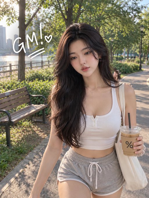 A young woman with long dark hair holds an iced coffee and poses in a park with 'GM!♥' written on the image.