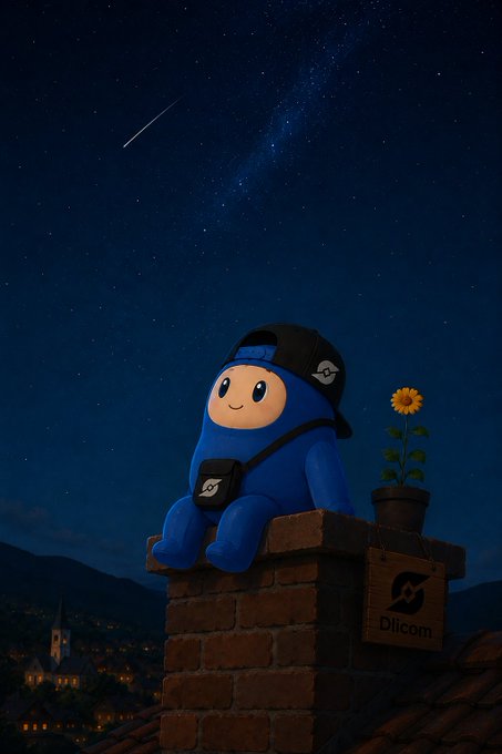 A 3D render of a blue bean-like character wearing a black cap and crossbody bag, sitting on a brick chimney next to a potted sunflower under a starry night sky with a shooting star.