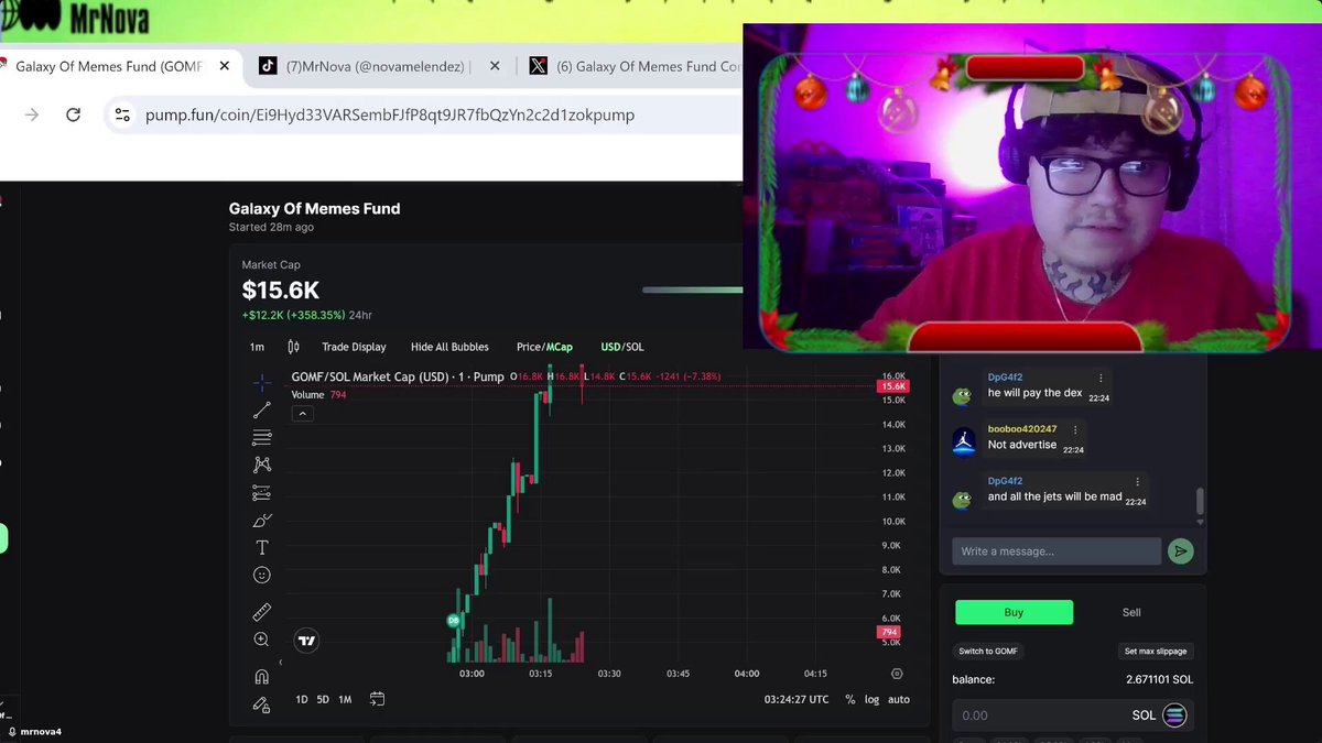 The image shows an animation of a person wearing red glasses holding up their hand with a $15k market cap in front of them, as if they've just bought something for $15k. The background features a pink and white holiday decoration on a Christmas tree. The text within the image relates to the post where a man is live-streaming his trade using a cryptocurrency called Dex, stating that he'd pay $15k for it in exchange for a $300 market cap. This trader has just spent about half of their initial $300 worth of Dex, and they seem happy or excited about this transaction.