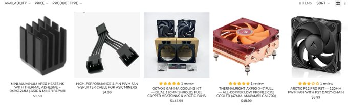 An e-commerce search results page displays various PC cooling components, including CPU heatsinks, fan splitters, and case fans from brands like Octane, Thermalright, and Arctic.