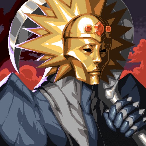 Stylized digital illustration of an armored figure wearing an ornate golden spiked helmet with red gems against a dramatic red and gray background.