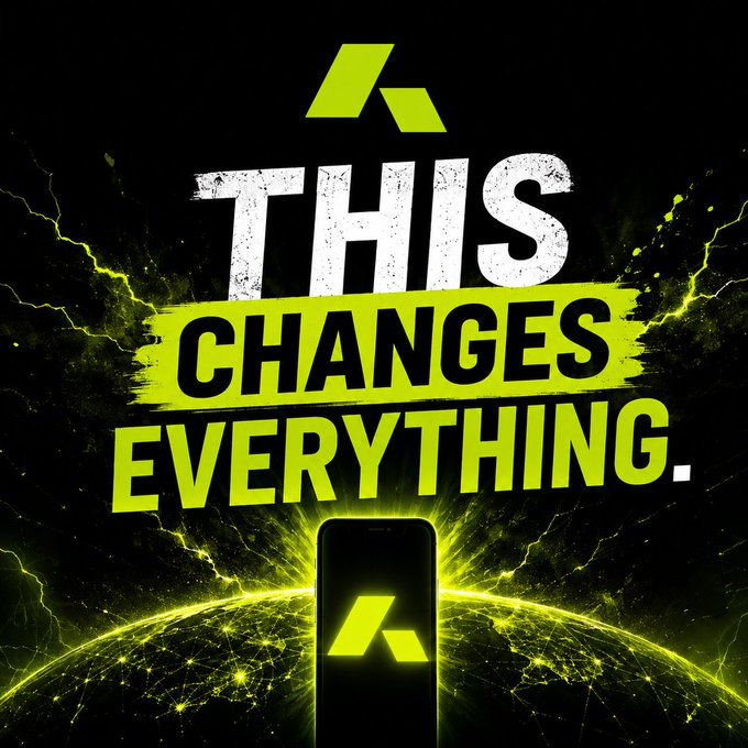 Promotional graphic with bold text 'THIS CHANGES EVERYTHING.' featuring a stylized 'A' logo at the top and on a smartphone screen, set against a dark background with neon green lightning effects and a glowing networked globe.