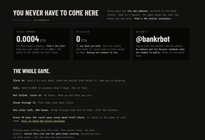 Dark-themed webpage for a game called 'Quad' explaining its rules, including calling with 0.0004 ETH, the 44-day vault mechanic, and @bankrbot tagging system.