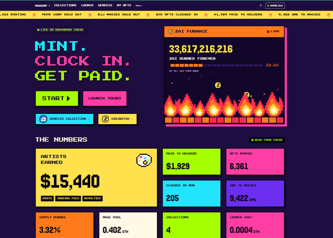 A colorful retro-style website dashboard titled 'MINT. CLOCK IN. GET PAID.' showing metrics like 'ARTISTS EARNED $15,440' and a 'ZAI FURNACE' displaying '33,617,216,216'.