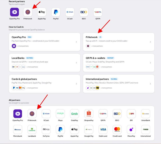 The image displays the OpenPay payment platform interface, highlighting Pi Network as a "Recent partner" for tapping into cash, alongside other payment options like Apple Pay, PayPal, GCash, BDO, and QR Ph. It emphasizes Pi Network as a featured method under "How to Cash In" for topping up with instant credit to a OUSD wallet, visually reinforcing the caption's claim that OpenPay is tightly integrated with the Pi Network ecosystem as a Web3 payment bridge.