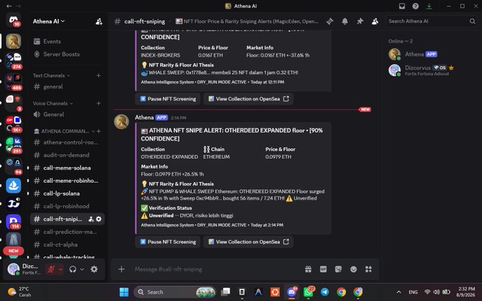 The image shows a Discord interface featuring the Athena AI bot providing real-time NFT sniping alerts, including details on collections like "Rarity & Floor AI Thesis" and "Otherdeed Expanded" with prices of 0.0190 ETH and 0.0979 ETH respectively. This aligns with the post's emphasis on the agent tracking multichain market activity, specifically highlighting the Otherdeed Expanded alert triggered by a floor sweep.