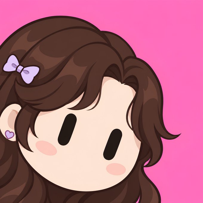 A cartoon-style illustration of a girl with long brown hair, a lavender bow, and pink heart earrings against a bright pink background.