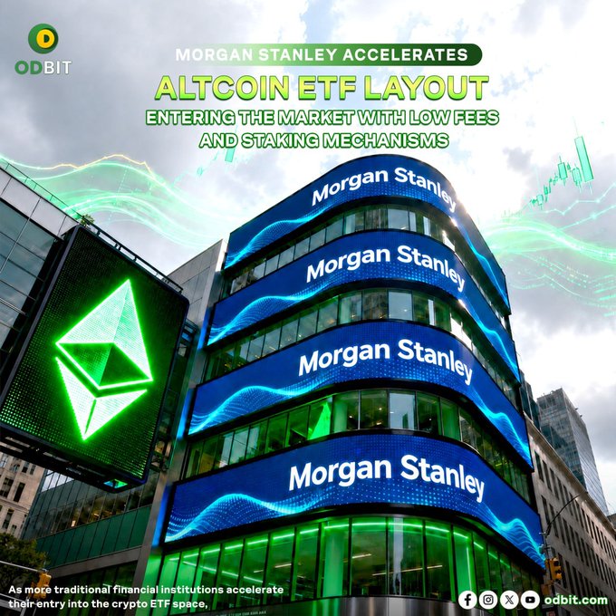 The image shows a Morgan Stanley office building with the company's name displayed multiple times on the facade, alongside a large Ethereum logo and green digital wave graphics, with the headline "MORGAN STANLEY ACCELERATES ALTCOIN ETF LAYOUT - ENTERING THE MARKET WITH LOW FEES AND STAKING MECHANISMS." The visual reinforces the post's message about Morgan Stanley's expansion into altcoin ETFs (particularly Ethereum) and the broader institutional shift toward competitive fee structures and staking-enabled crypto products, as highlighted by the ODBIT branding in the corners.