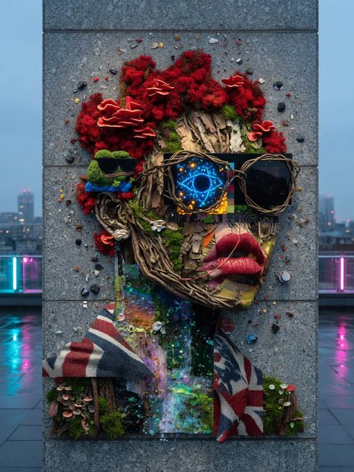 A digital art piece featuring a face made of natural elements like bark, moss, and red flowers, adorned with round sunglasses displaying cosmic patterns, set against a concrete wall with a Union Jack-patterned scarf.