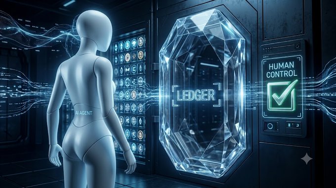 A digital illustration of a white humanoid figure labeled "AI AGENT" standing before a glowing crystalline vault labeled "LEDGER," with a control panel nearby showing a "HUMAN CONTROL" screen with a green checkmark.