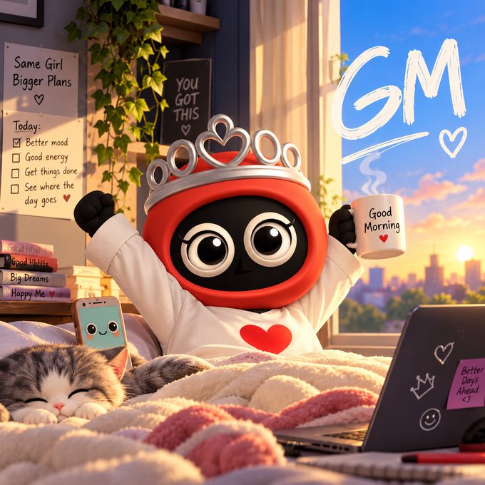A 3D-rendered illustration of a cute round character wearing a tiara and holding a 'Good Morning' mug in bed, surrounded by positive to-do list notes, a cat, a kawaii phone, and a 'GM' doodle.