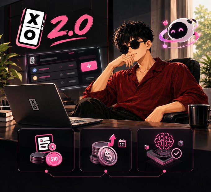An anime-style illustration shows a man with sunglasses at a desk with a laptop, surrounded by pink-themed app interface mockups featuring 'XO 2.0' and a 2D character.