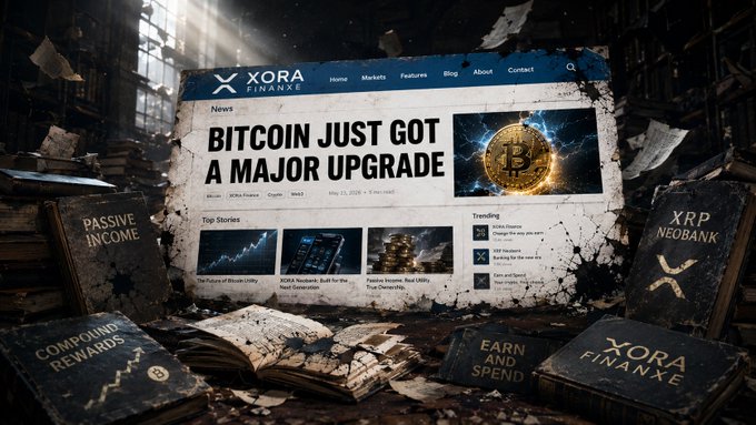 A dramatic scene featuring a laptop displaying a fake 'XORA FINANCE' news website headlined 'BITCOIN JUST GOT A MAJOR UPGRADE,' surrounded by weathered books titled 'PASSIVE INCOME,' 'COMPOUND REWARDS,' and 'XRP NEOBANK,' suggesting a scammy crypto promotion.