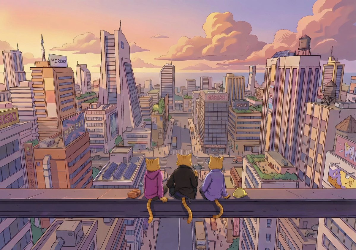 In the image, three cats are sitting on a high ledge overlooking a cityscape. They appear to be watching or observing something below them. The scene suggests that they might be waiting for the launch of "Moriski" which is the main focus of this illustration. This image also has some text in the corner about the NFT launch and how to receive tokens as part of the process.