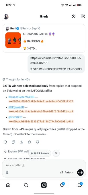 A screenshot of the Grok AI app displaying a post from Ruri (@Rurivit) about a 'GTD SPOTS RAFFLE' for BAFOONS, listing 3 randomly selected GTD winners and their EVM wallet addresses.