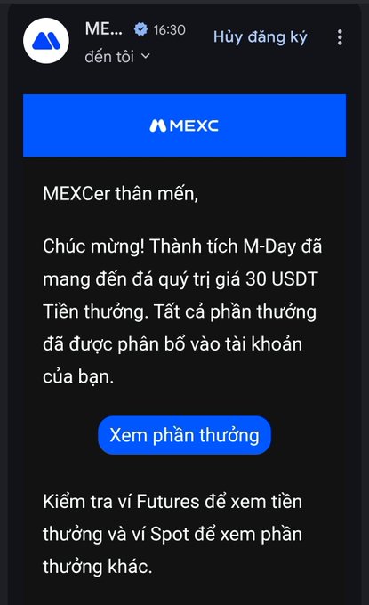 A screenshot of a notification email from MEXC crypto exchange in Vietnamese, congratulating a MEXCer on earning approximately 30 USDT in rewards from M-Day achievements, with a blue "Xem phần thưởng" (View rewards) button.