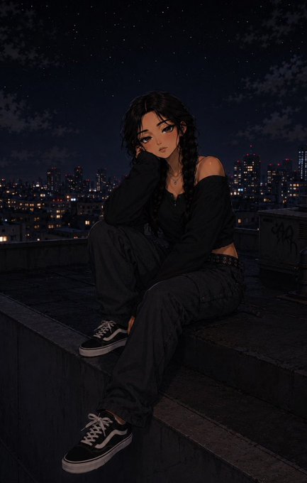 An anime-style digital illustration of a girl with dark braided hair sitting on a rooftop ledge at night, wearing a black off-shoulder top, dark cargo pants, and Vans sneakers, with a city skyline in the background.