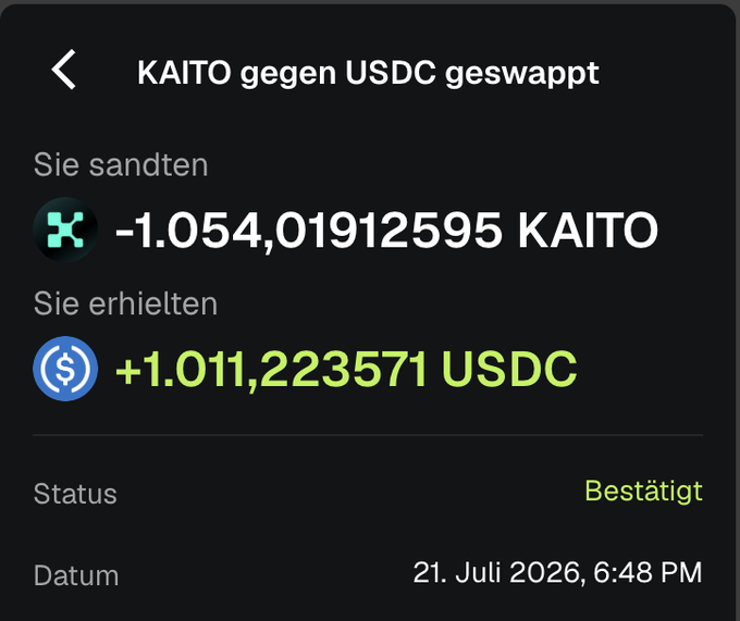 A German-language crypto swap confirmation screen showing a transaction swapping -1,054.01912595 KAITO for +1,011.223571 USDC, marked as 'Bestätigt' (Confirmed) on July 21, 2026 at 6:48 PM.