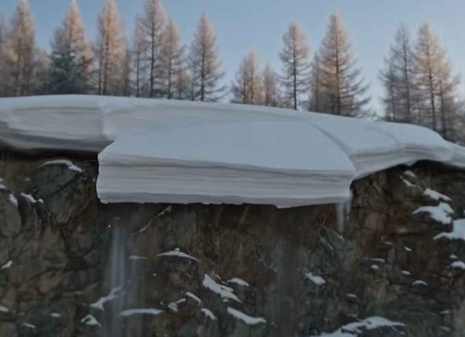 A winter landscape showing a rocky cliff covered with a thick, layered blanket of snow, with bare larch trees visible in the background under a pale sky.