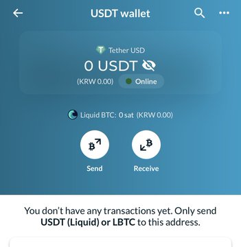 A mobile app screen showing a USDT (Tether USD) wallet with a 0 USDT balance and online status, featuring 'Send' and 'Receive' buttons for Liquid BTC and Liquid USDT.