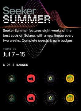 Seeker Summer Round 1 promotional graphic (Jul 7–15) showcasing the first 6 of 8 badges, featuring app icons from participating projects. The user's post celebrates completing all 12 badges across 3 rounds of the Solana Mobile Seeker Summer campaign, with Round 1 highlighted in this image.