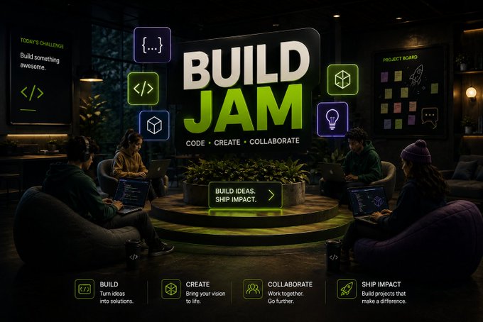 A group of developers huddles around glowing laptops in a dimly lit co-working space beneath a large illuminated "BUILD JAM — Code • Create • Collaborate" display, with side text reading "Build ideas, ship impact" and feature callouts for Build, Create, Collaborate, and Ship Impact — visually capturing the NodeOps Build Jam's coding challenge where participants build projects on CreateOS for a chance to win $25 in 40 minutes.