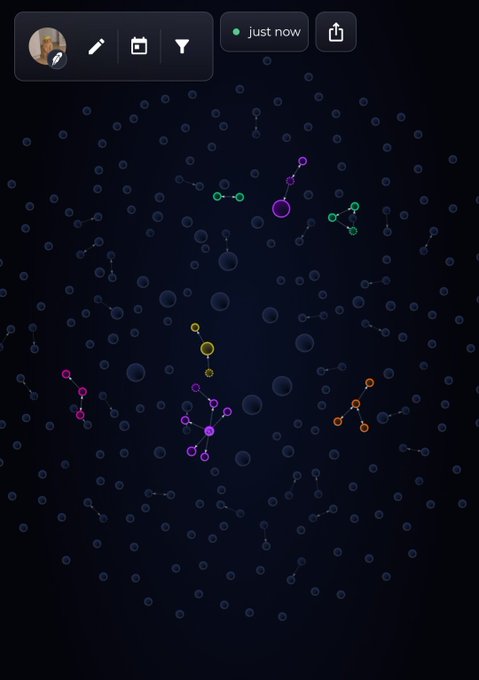 Dark interface showing a network visualization with colored connected node clusters (purple, green, yellow, orange) on a starry background, with a user profile and toolbar at the top.