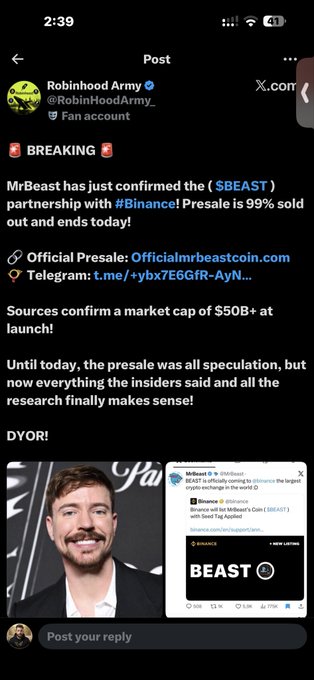 A Robinhood Army tweet claiming MrBeast has confirmed a ($BEAST) partnership with Binance, showing a 99% sold out presale and images of MrBeast and the Binance announcement.