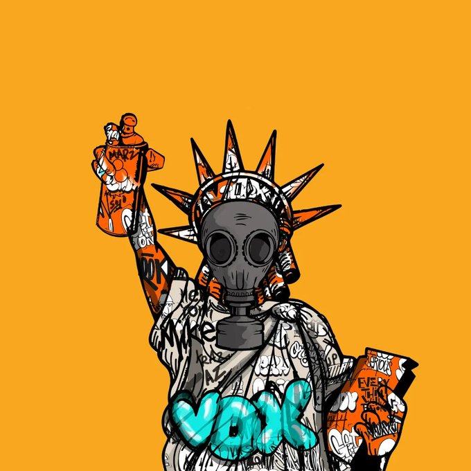 A street art style illustration depicts a Statue of Liberty figure wearing a gas mask and holding a spray paint can, with graffiti text 'VOID' on its chest against an orange background.