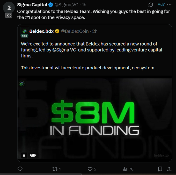 A tweet from Sigma Capital @SigmaVC congratulating Beldex on securing an $8M funding round led by them, with a retweet from Beldex @BeldexCoin announcing the investment.