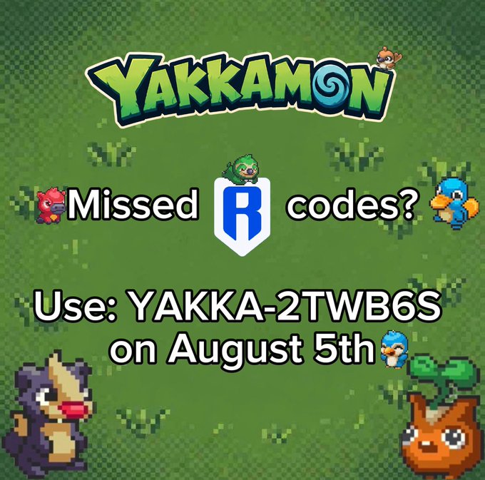 Promotional image for the pixel-art game "Yakkamon" featuring the text "Missed R codes? Use: YAKKA-2TWB6S on August 5th" alongside various cute pixelated creature characters, designed to advertise a creator code for new players who missed out on Ronin (R) codes.