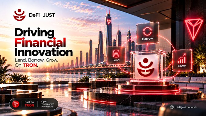 A promotional banner for DeFi_JUST titled 'Driving Financial Innovation' with the tagline 'Lend. Borrow. Grow. On TRON,' set against a futuristic cityscape featuring a glowing red DeFi cube with icons for Borrow, Lend, and Grow.