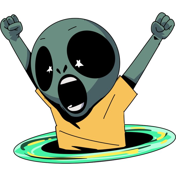 A cartoon illustration of a gray-skinned alien with star-shaped eyes, wearing a yellow shirt, bursting out of a green portal with its arms raised.
