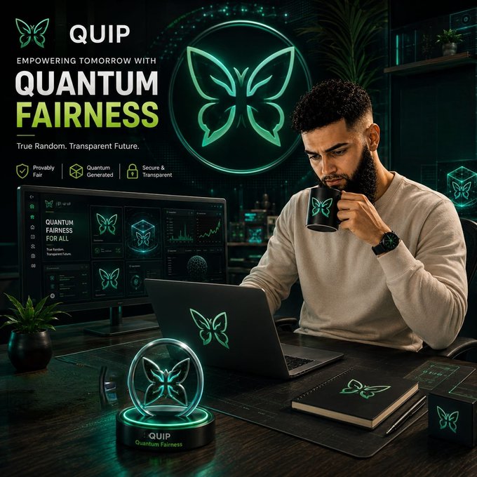 A promotional image for 'QUIP' featuring a man at a laptop in a neon-lit room, with text 'Empowering Tomorrow with Quantum Fairness - True Random. Transparent Future.'