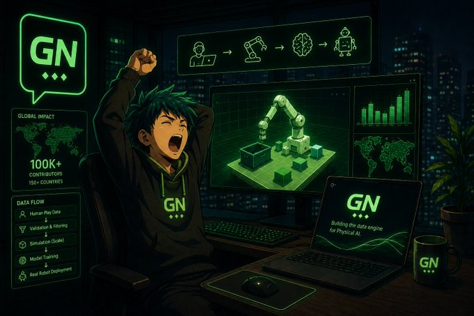 An illustrated promotional graphic for "GN" featuring a cheering person in a GN hoodie, with stats like "100K+ CONTRIBUTORS" and "DATA FLOW" showing Human Play Data, Validation & Filtering, and other features, alongside a robot arm display and laptop.