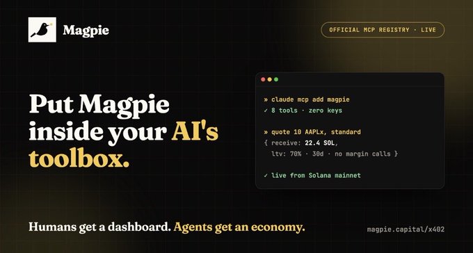 Advertisement for Magpie with the tagline 'Put Magpie inside your AI's toolbox' and 'Humans get a dashboard. Agents get an economy.' The URL magpie.capital/x402 is shown alongside a code snippet for adding magpie to Claude and checking AAPL stock quotes via Solana mainnet.