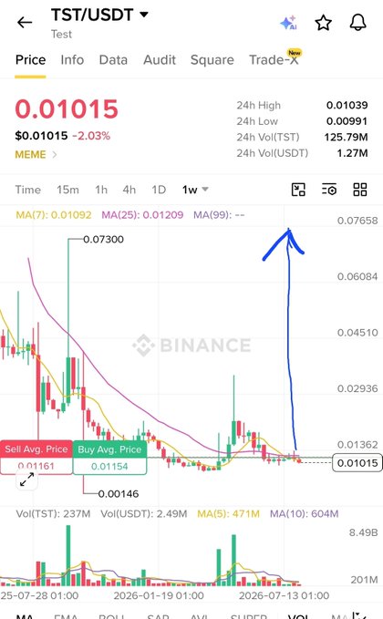 The image shows a Binance chart for the TST/USDT token trading at $0.01015, down 2.03%, with a blue arrow drawn pointing sharply upward from the current price toward the $0.07658 resistance area, visually reinforcing the post's claim that a "pump is imminent" for this BSC meme project.