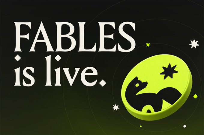 Promotional artwork reads “FABLES is live.” over a black-and-lime circular emblem featuring a silhouetted fox or squirrel, stars, and orbit-like rings, matching the post’s announcement of the live $FABLES token and associated claims and redemption links.