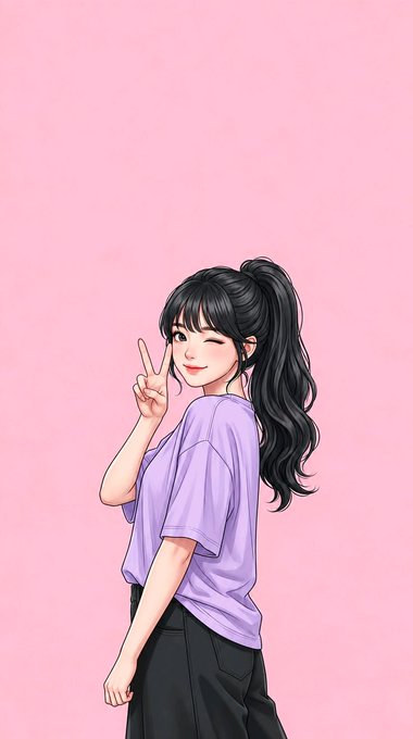 An anime-style illustration of a young woman with black hair in a ponytail, wearing a purple t-shirt and black pants, making a peace sign while winking against a pink background.