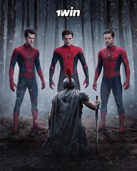 A dark, atmospheric image titled '1win' showing three Spider-Man figures standing behind an elderly man with a cane in a misty forest setting.